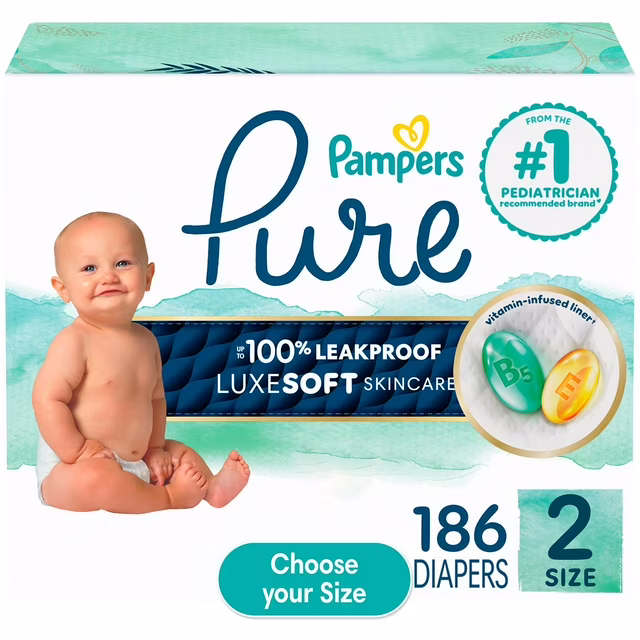 Pampers Pure Protection Diapers — Size 2 · 186 ct (12–18 lb)